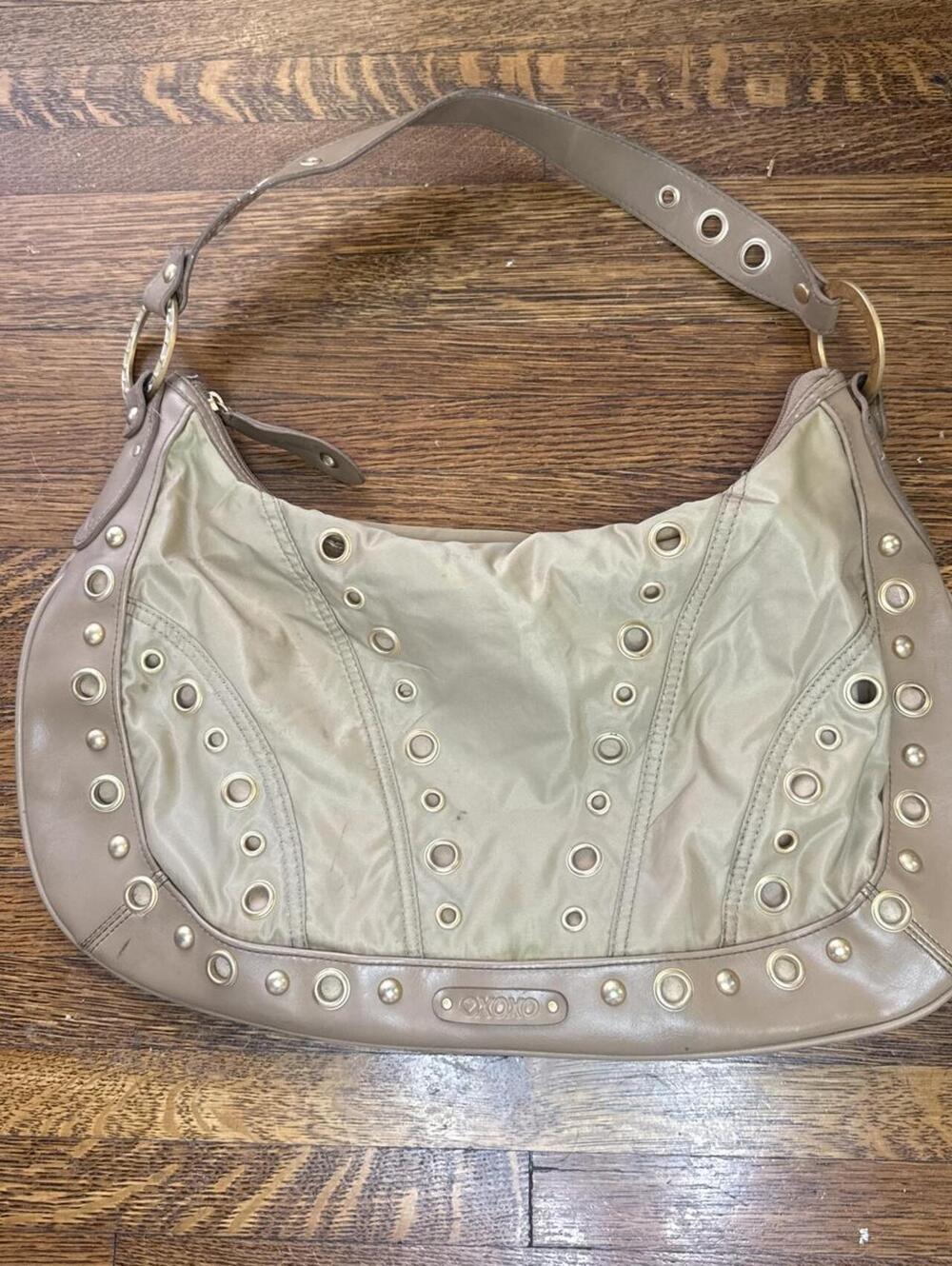 Y2K XOXO cream & tan leather studded shoulder bag with silver studs